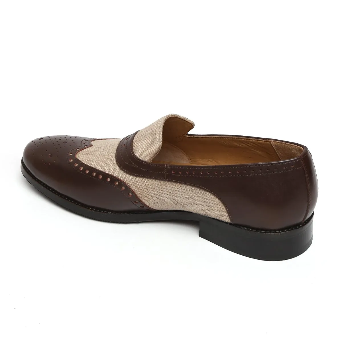 BEIGE JUTE BROWN LEATHER SASSY SLIP-ONS BY BRUNE & BARESKIN