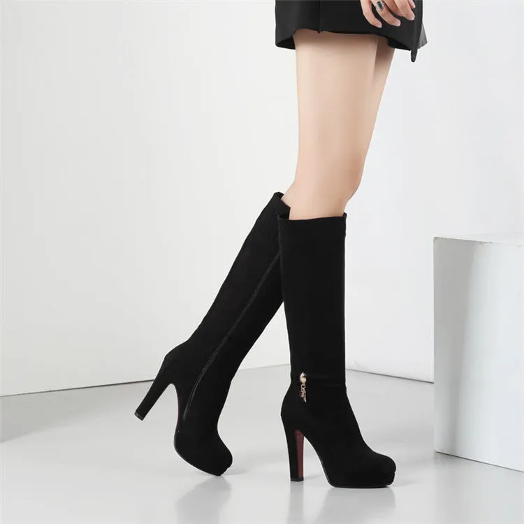 Block Heel Zip Solid Suede Tall Boots