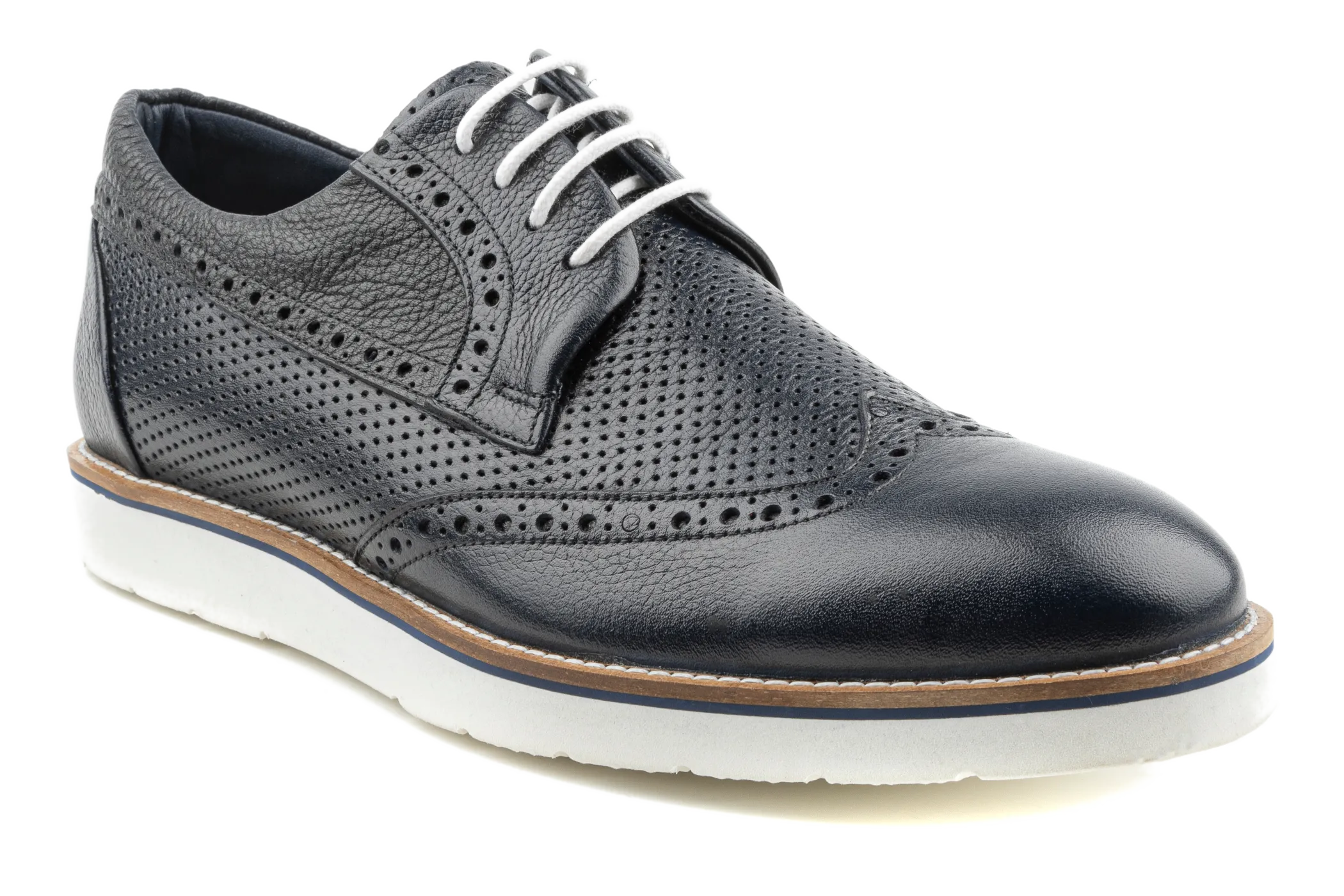 Debbano Zio Hybrid Wingtip Derby Shoes, Dress Sneakers, Top Grain Anilin Tanned Leather, Perforated Breahable Design, Non-Slip Sole, Handmade Navy Derby Shoes