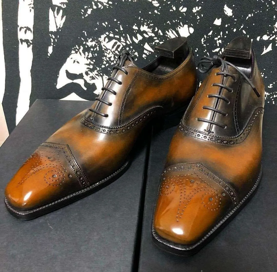 Handmade Men's Tan Leather Black Brogue Toe Shoes