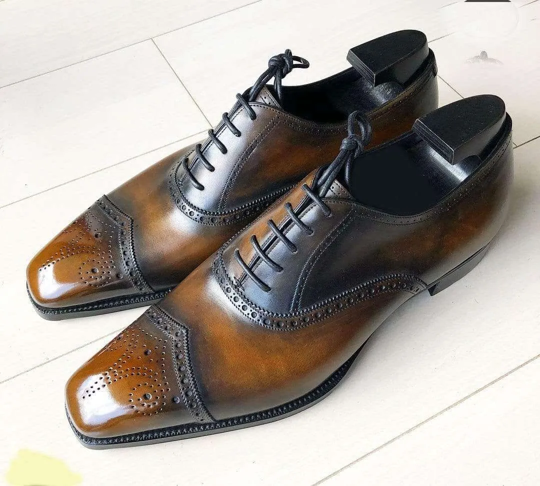 Handmade Men's Tan Leather Black Brogue Toe Shoes