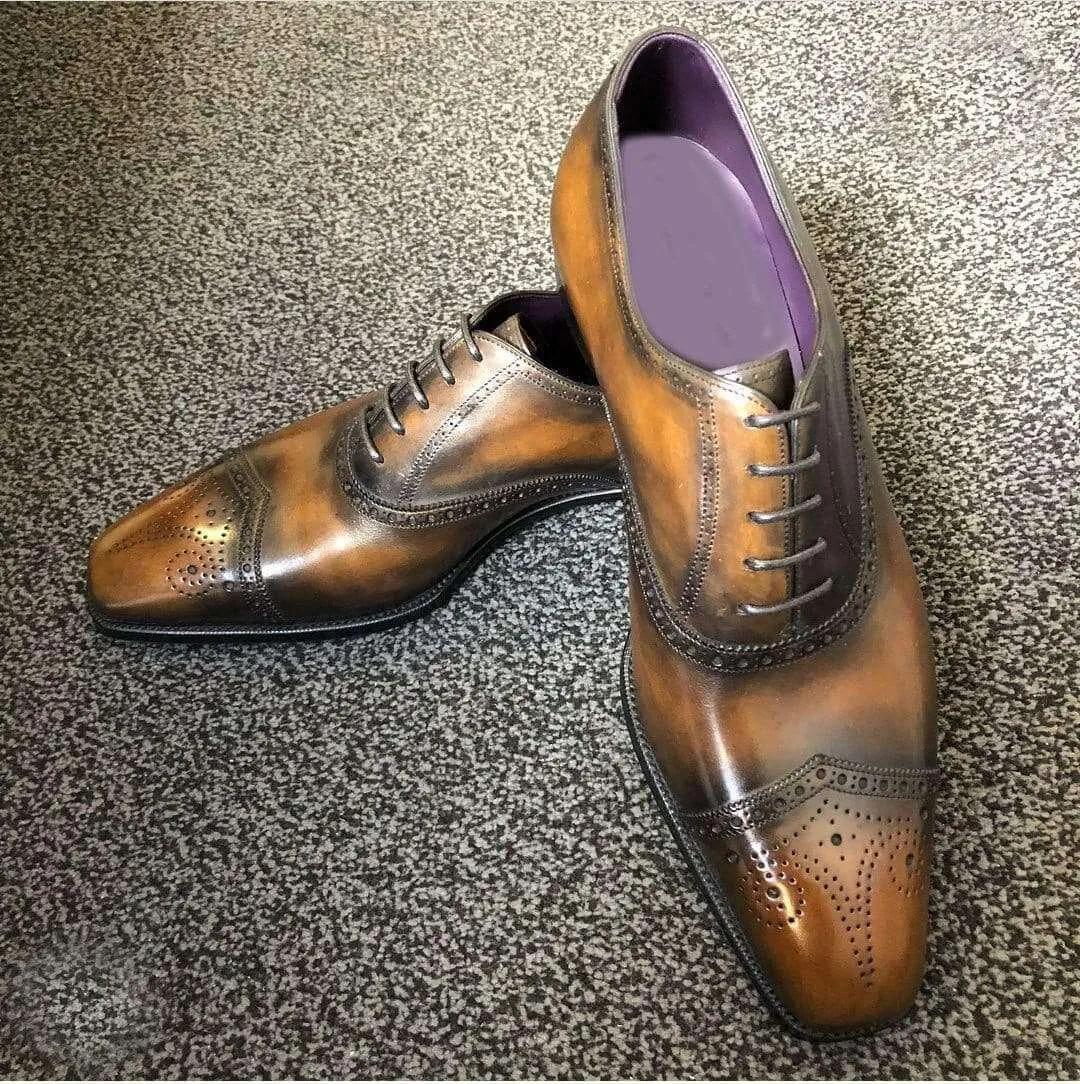 Handmade Men's Tan Leather Black Brogue Toe Shoes