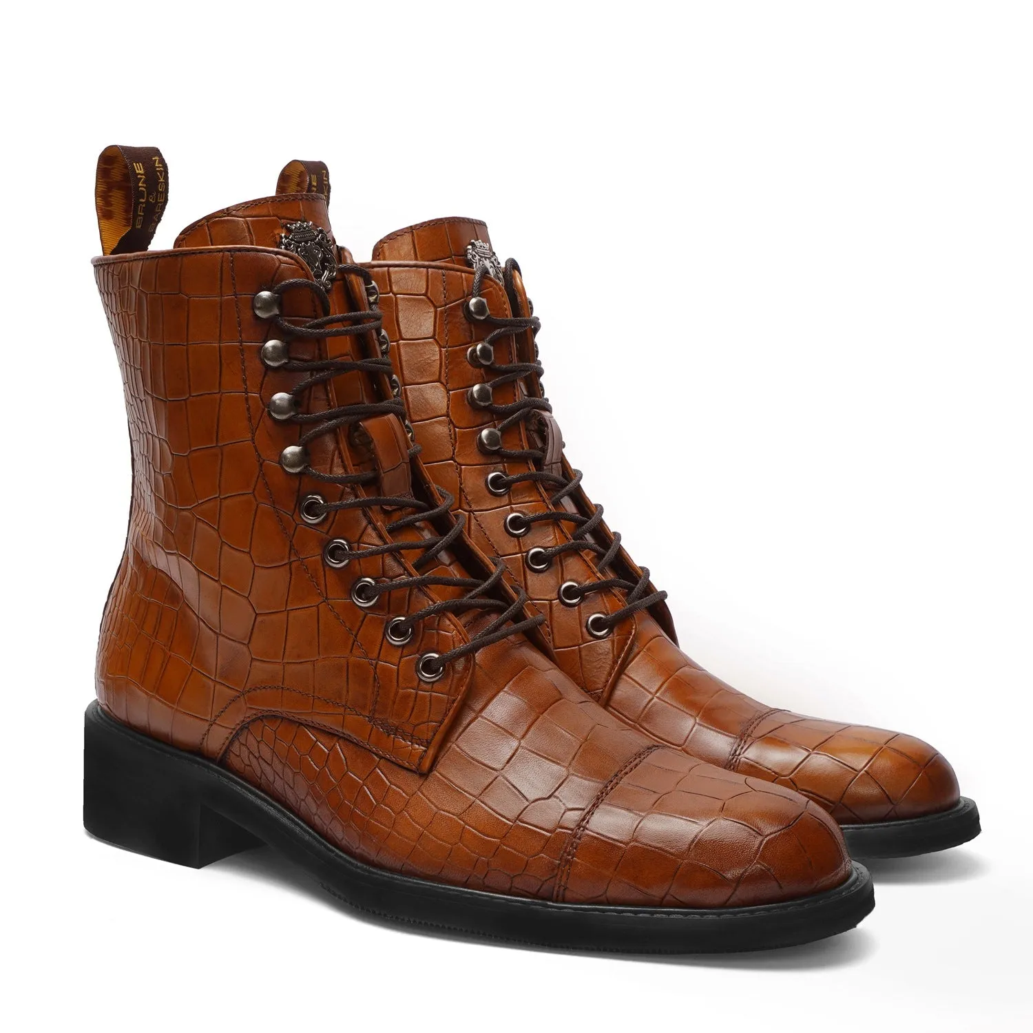 High Ankle Tan Derby Boot with Cap Toe in Croco Textured Leather