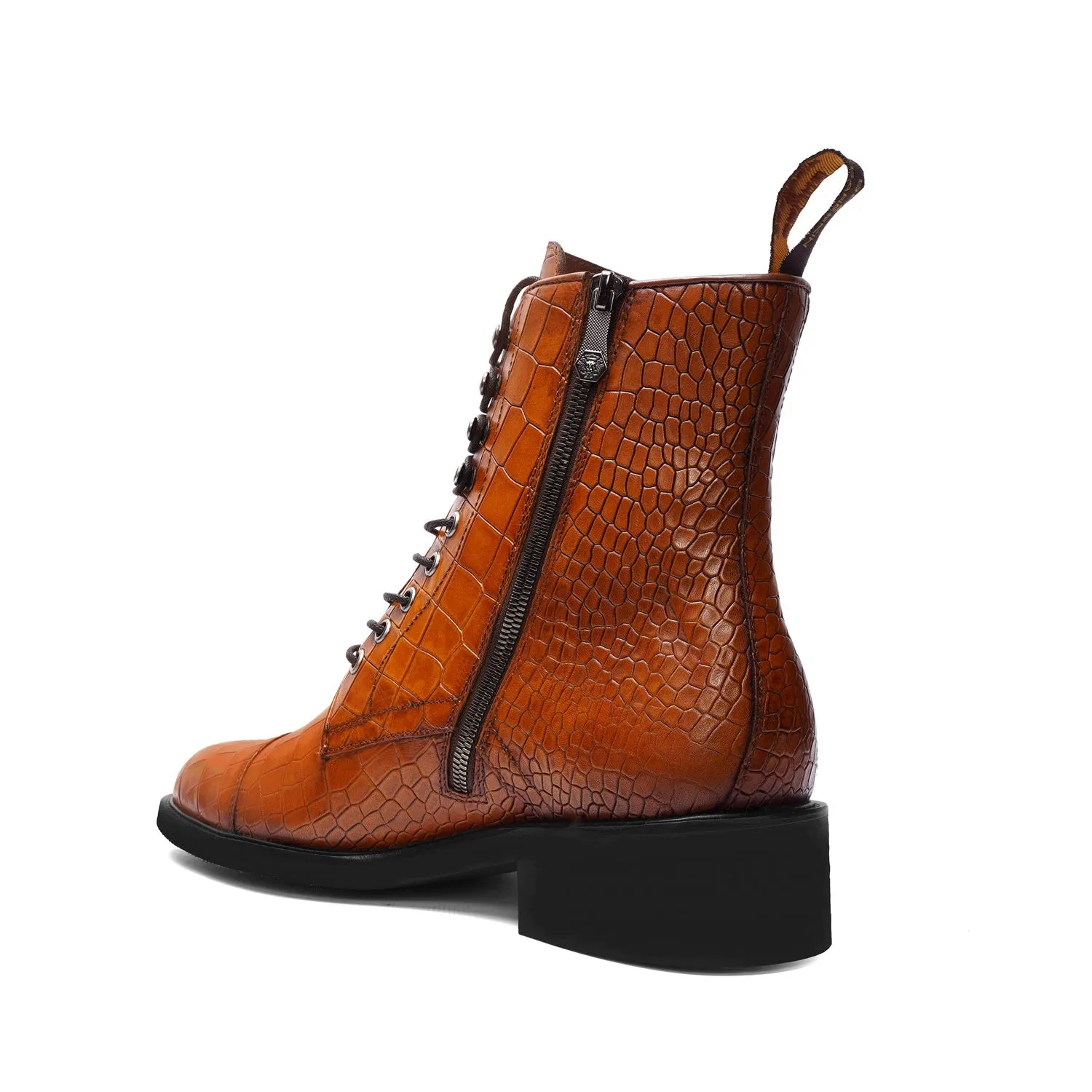 High Ankle Tan Derby Boot with Cap Toe in Croco Textured Leather