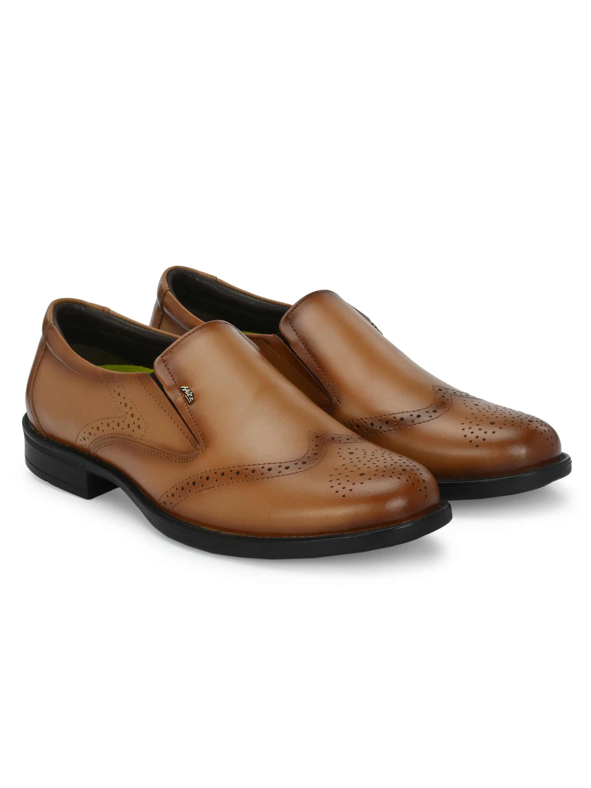 Hitz Men's Tan Leather Slip On Formal Brogue Shoes