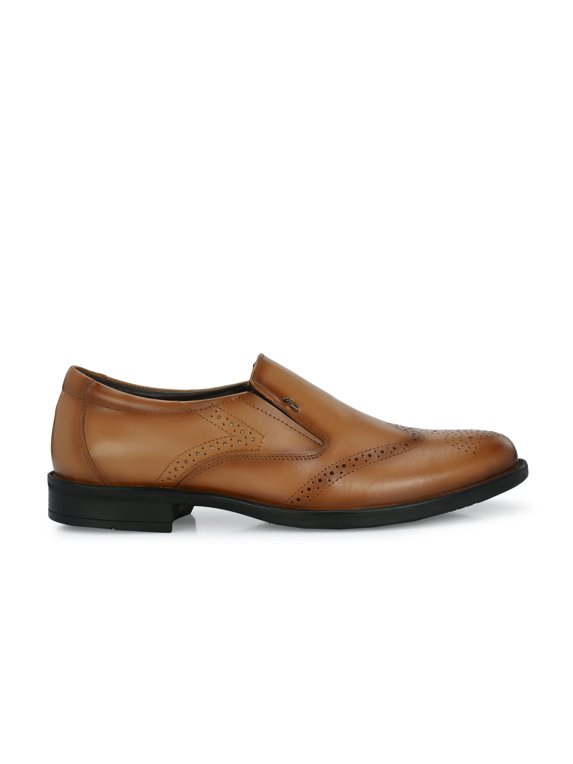 Hitz Men's Tan Leather Slip On Formal Brogue Shoes