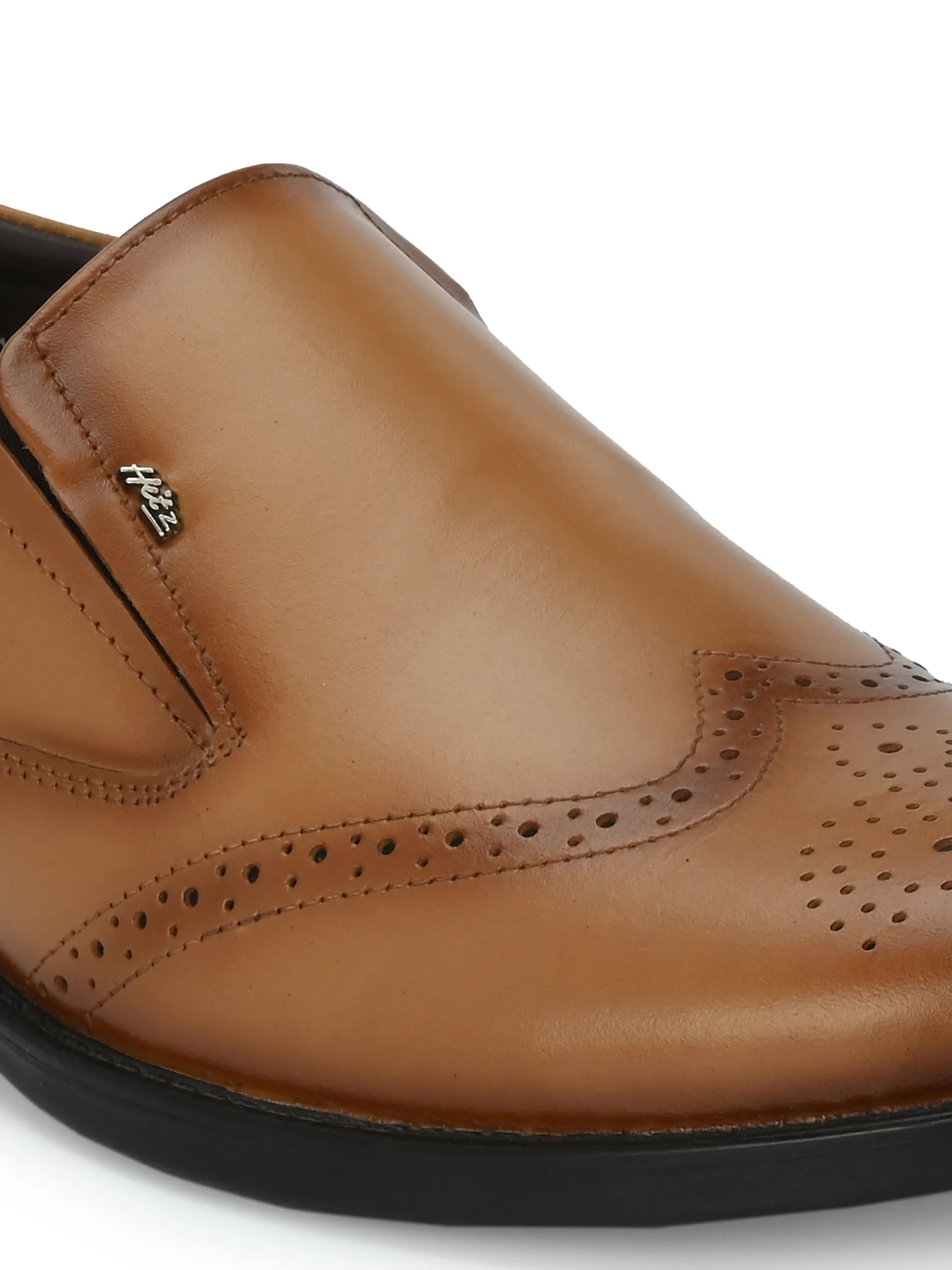 Hitz Men's Tan Leather Slip On Formal Brogue Shoes