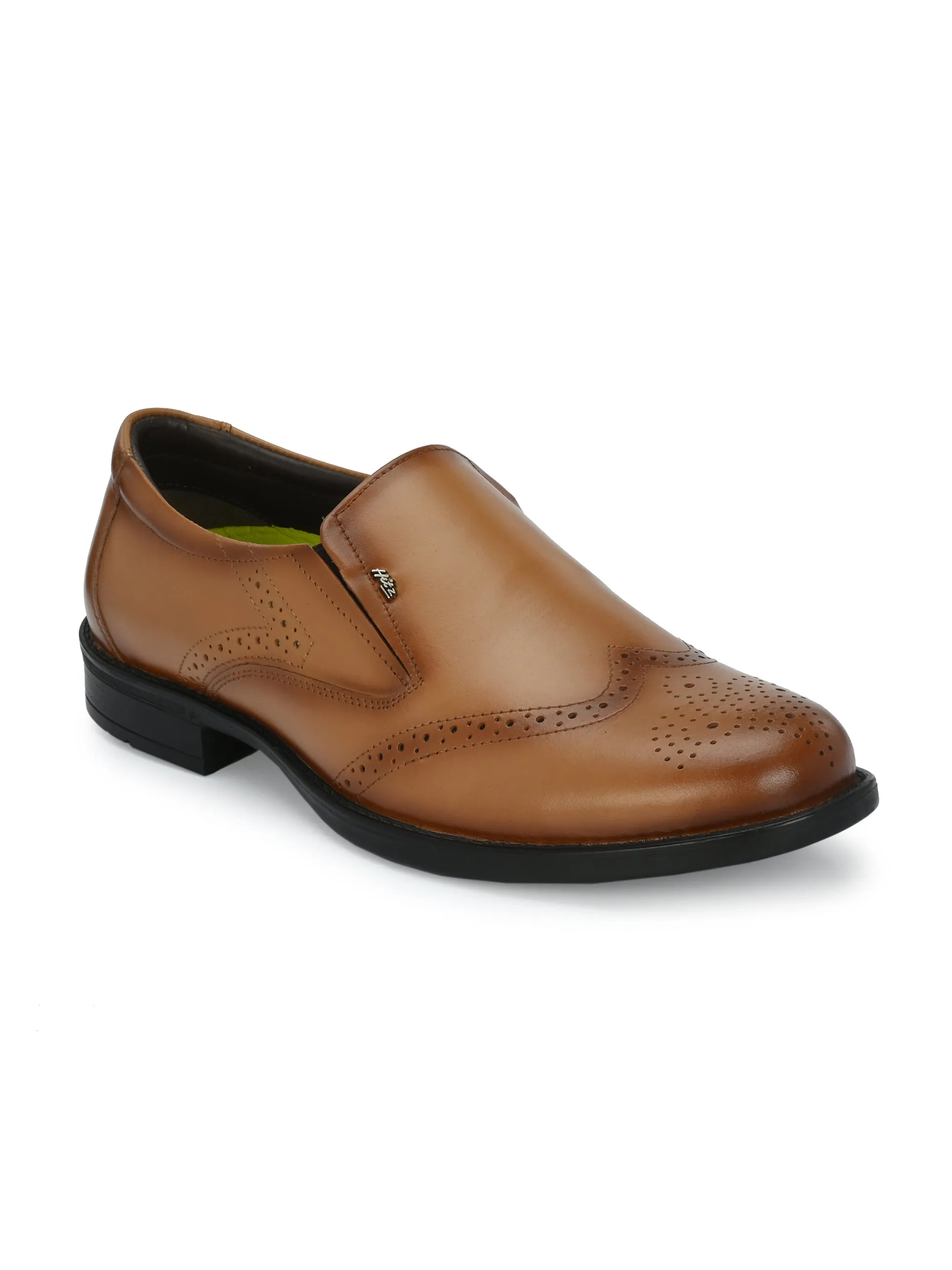 Hitz Men's Tan Leather Slip On Formal Brogue Shoes