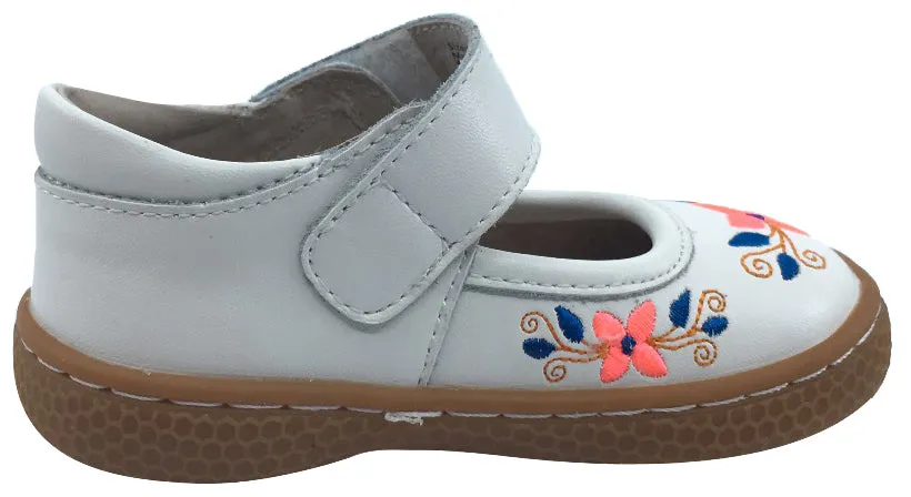 Livie & Luca Girl's Frida Bright White Leather with Floral Embroidery Mary Jane Flat Shoes