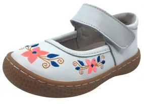 Livie & Luca Girl's Frida Bright White Leather with Floral Embroidery Mary Jane Flat Shoes