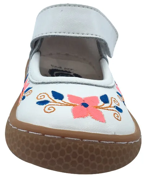 Livie & Luca Girl's Frida Bright White Leather with Floral Embroidery Mary Jane Flat Shoes