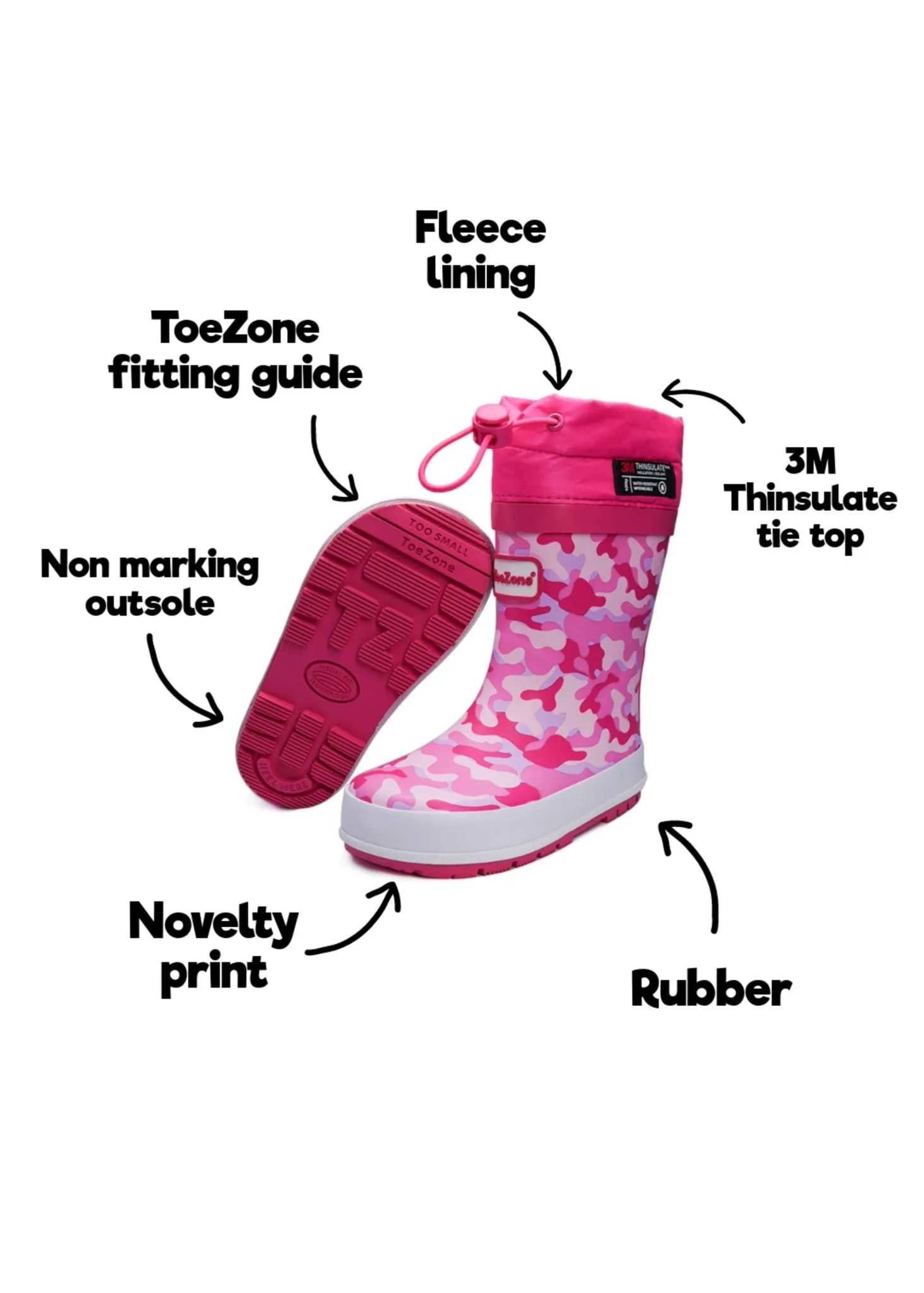 LUCY - Camo Pink Thinsulate Tie-Top Rain Boots with Fastening