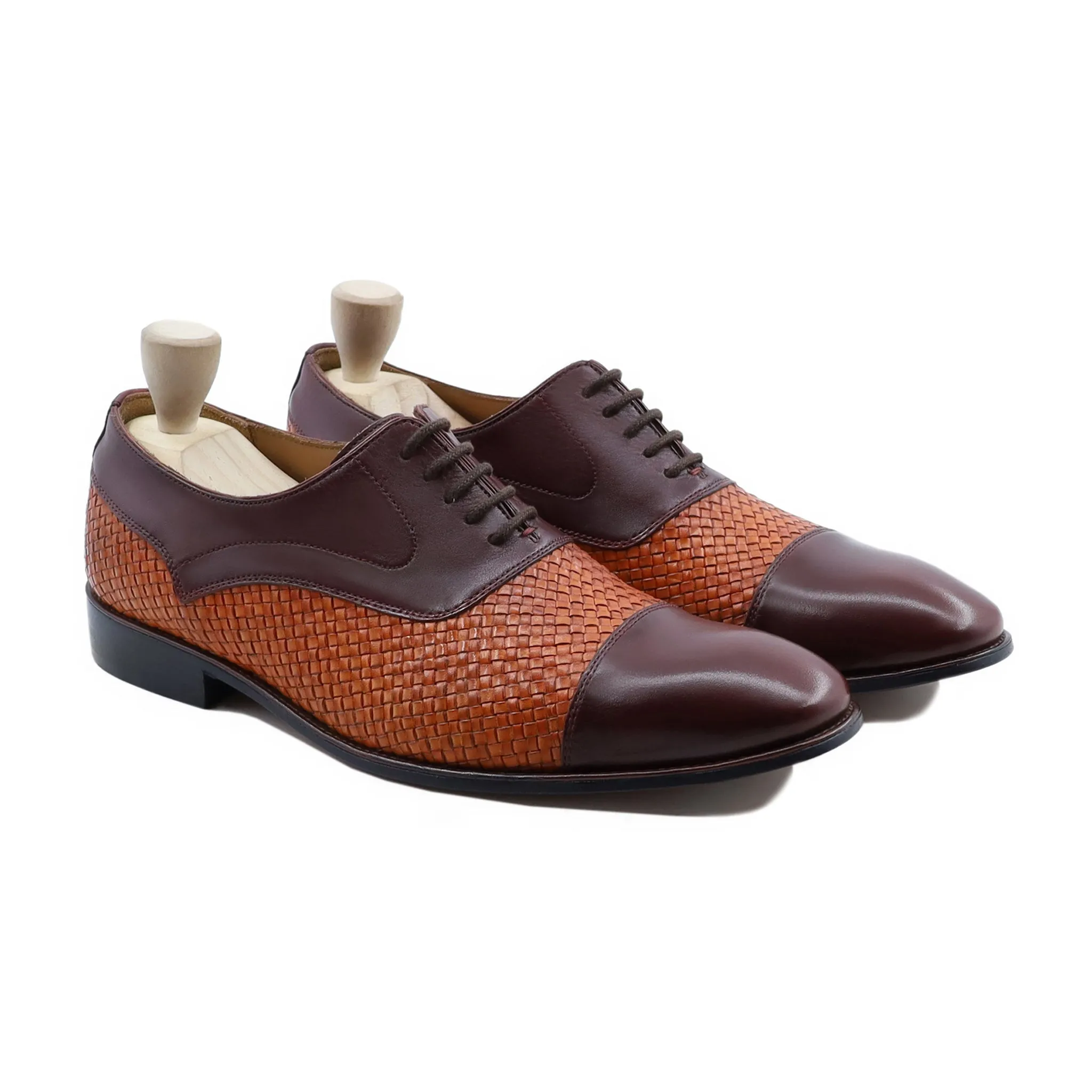 Lusaka - Men's Dark Brown Calf and Tan Hand Woven Calf Leather Oxford Shoe