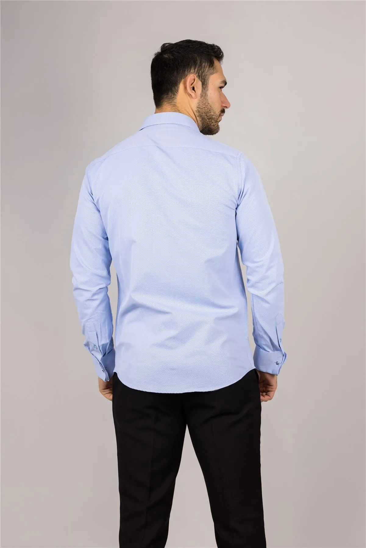 Men's Blue Long Sleeve Regular Fit Double Cuff Twill Oxford Shirt