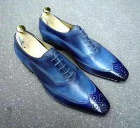 Men's Leather Blue Color Wing Tip Brogue Shoes