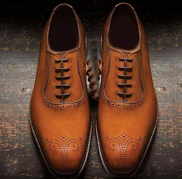 Men's Leather Tan Brogue Toe Lace Up Shoes