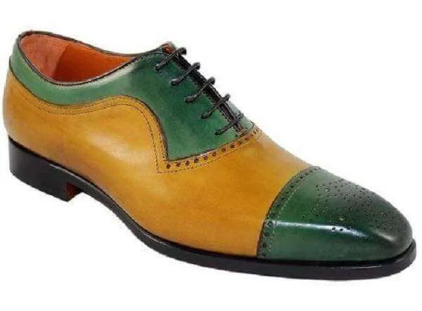 Men's Leather Tan Green Cap Toe Brogue Lace Up Shoes