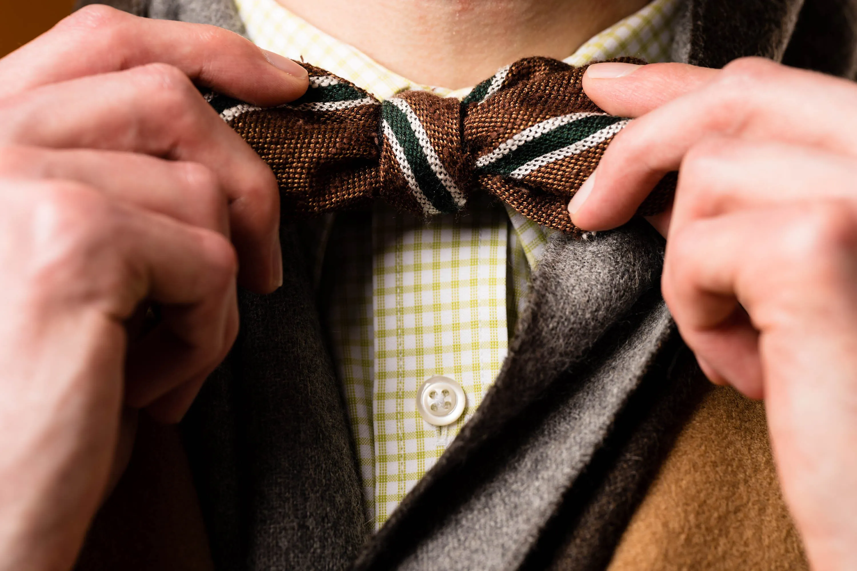 Shantung Silk Striped Two Tone Bow Tie Brown, Green White