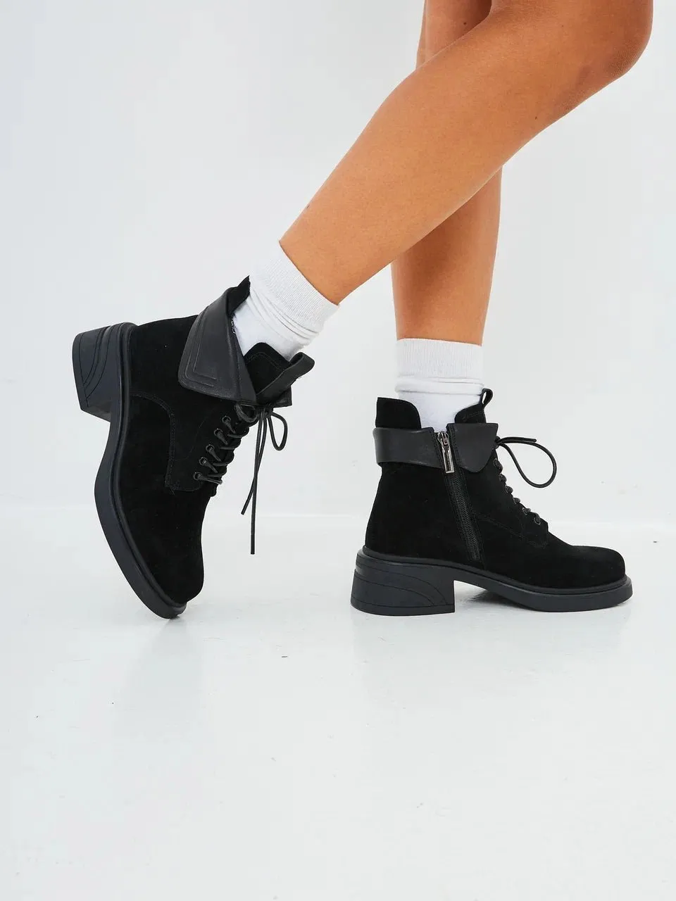 Stylish Block Heel Ankle Boots - Black Suede