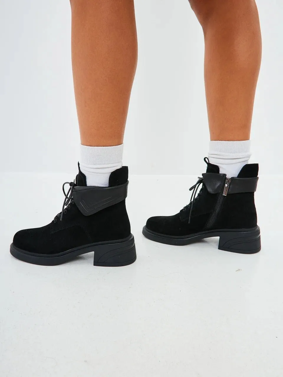 Stylish Block Heel Ankle Boots - Black Suede