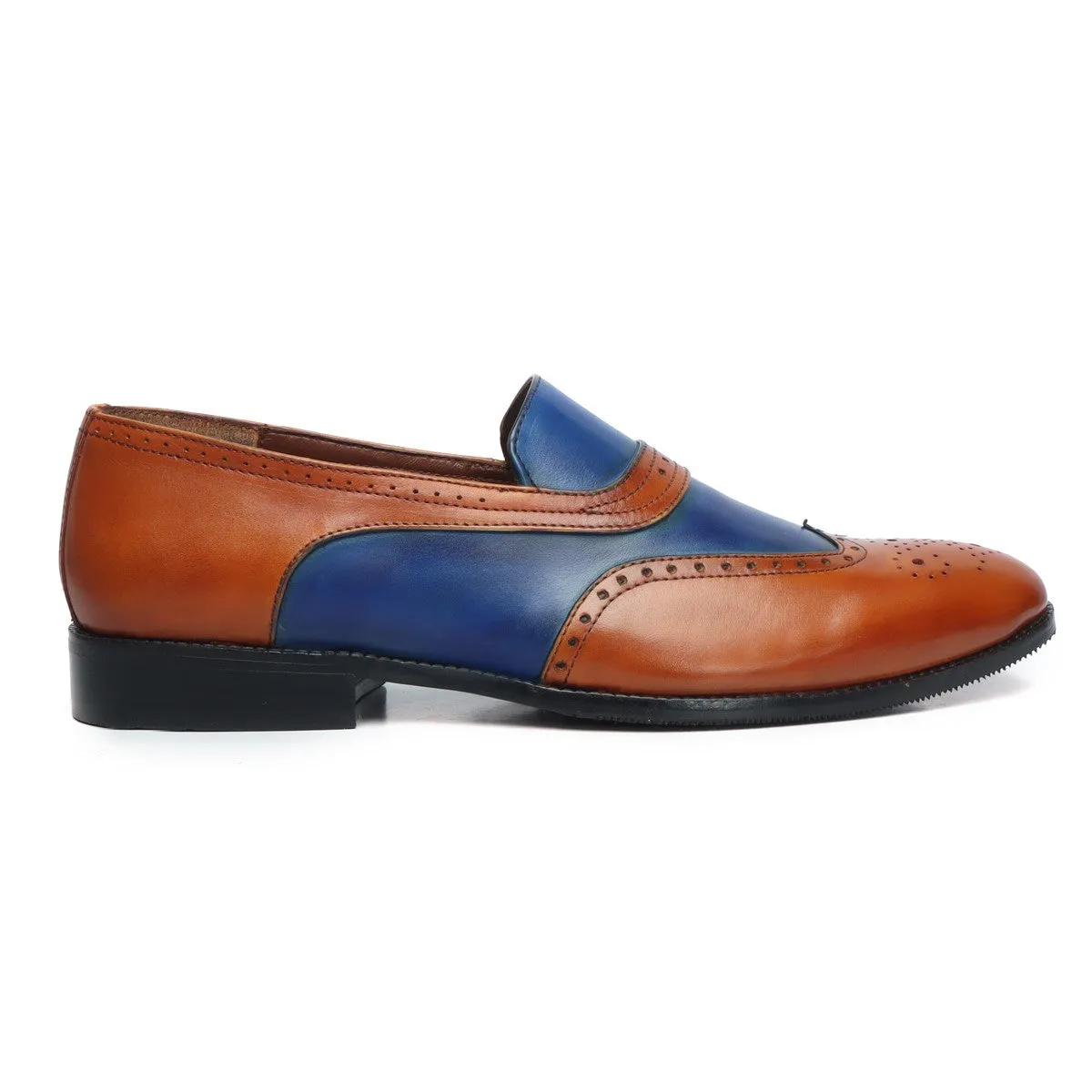 Tan-Blue Leather Sassy Slip-On Shoes