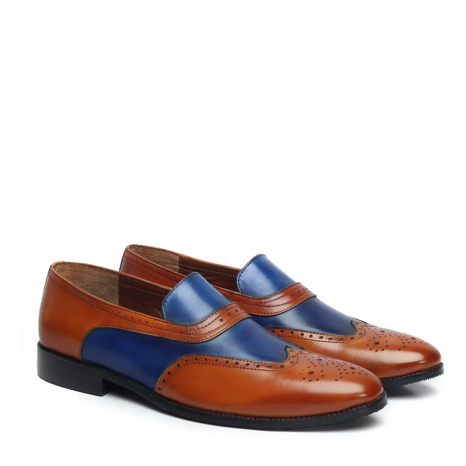 Tan-Blue Leather Sassy Slip-On Shoes