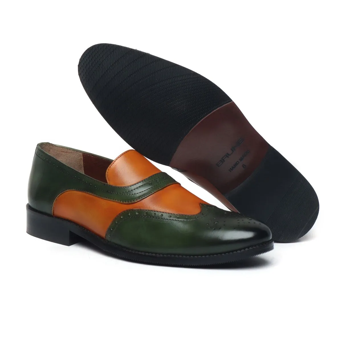 Tan-Green Leather Sassy Slip-On Shoe