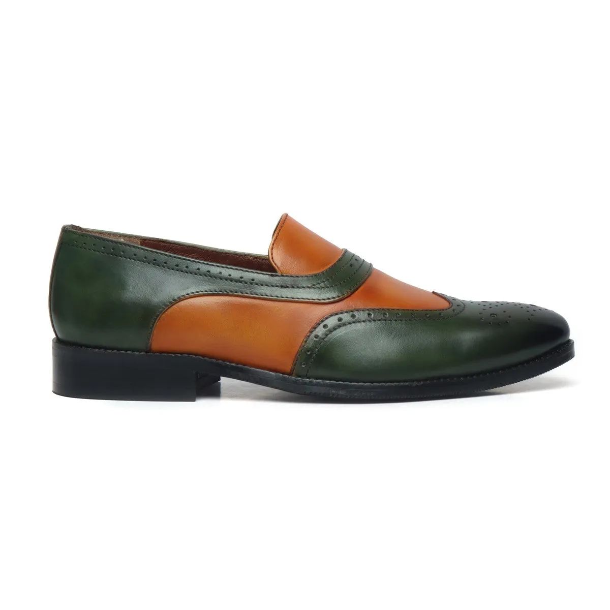 Tan-Green Leather Sassy Slip-On Shoe