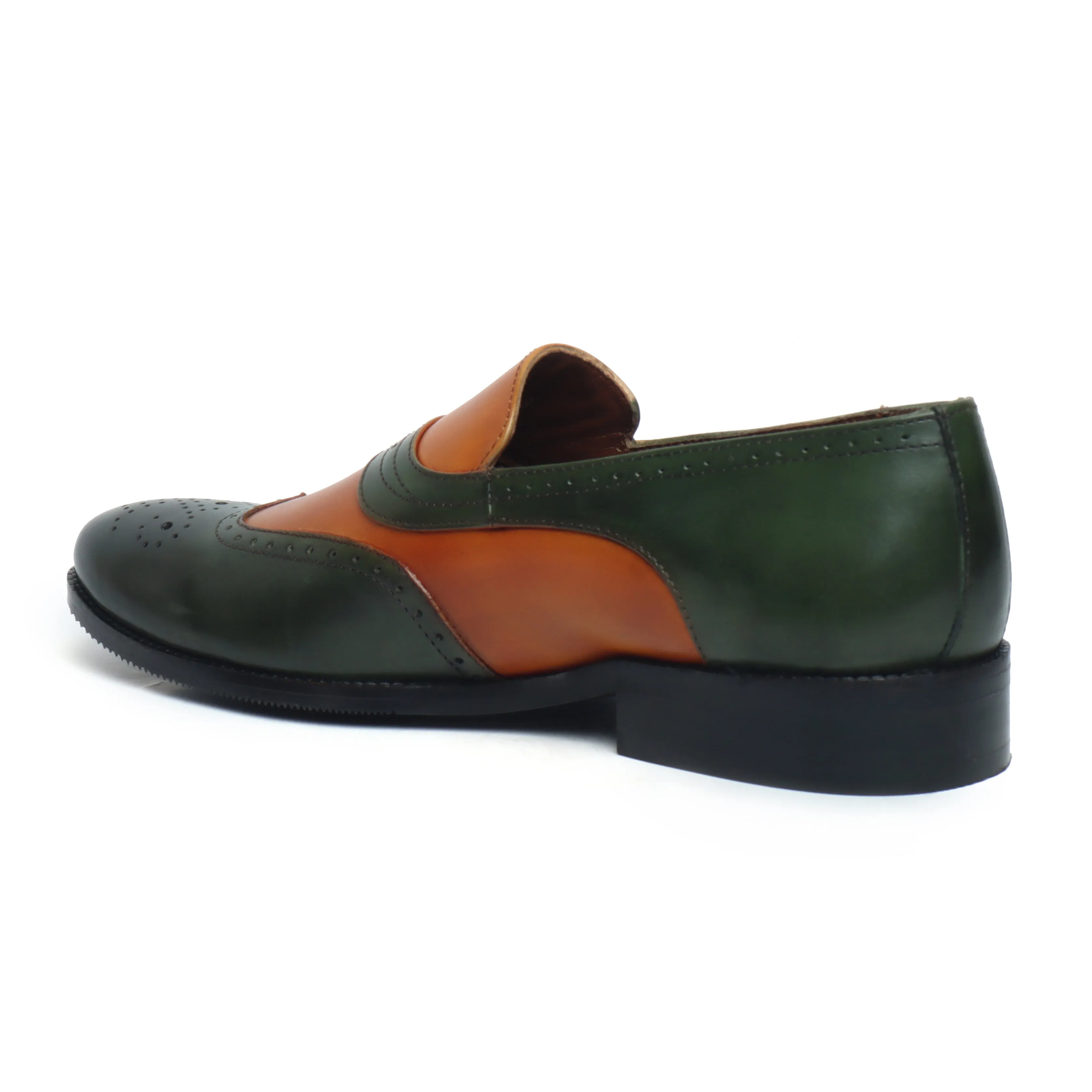 Tan-Green Leather Sassy Slip-On Shoe