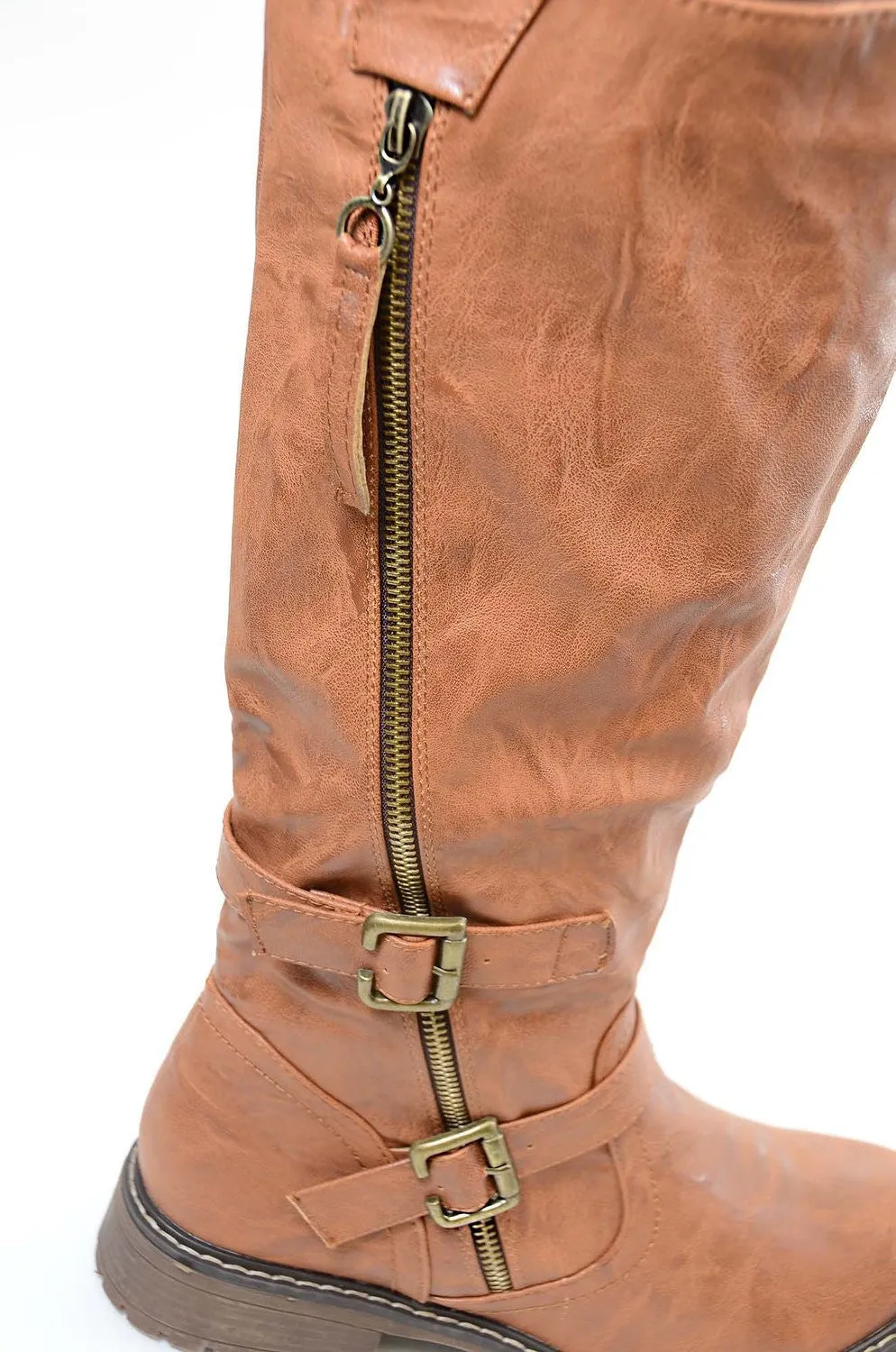 Tan Riding Double Ankle Strap Knee-high Women's Vegan Biker Boots