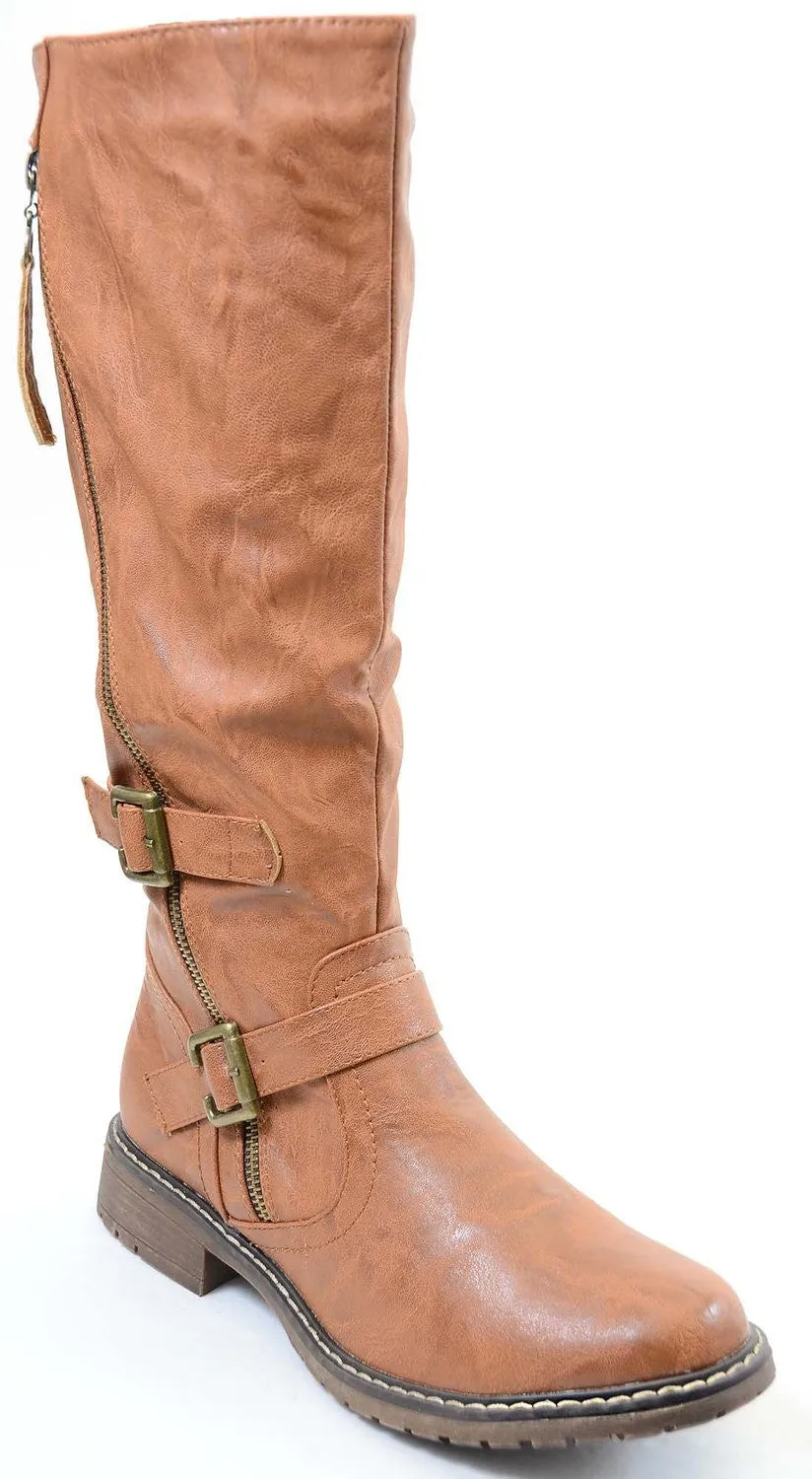 Tan Riding Double Ankle Strap Knee-high Women's Vegan Biker Boots