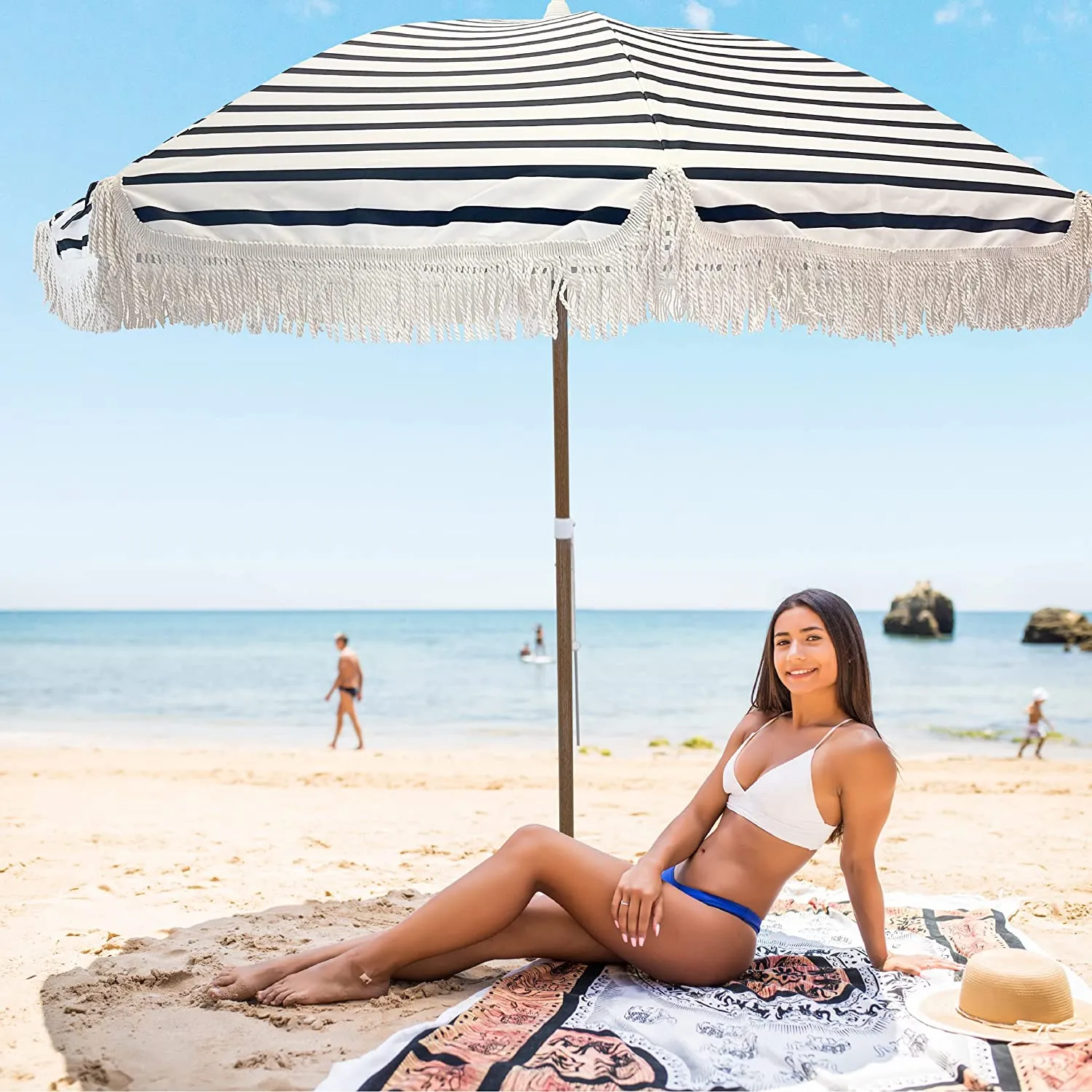 Tassel Beach Umbrella 7 Foot – Designer Umbrella Fringed Tassels – Wood Grain Steel Pole – Tilt Function – Ground Stake - UPF 50  UV Sun Protection - Exotic Tan Color Striped – Carry Bag