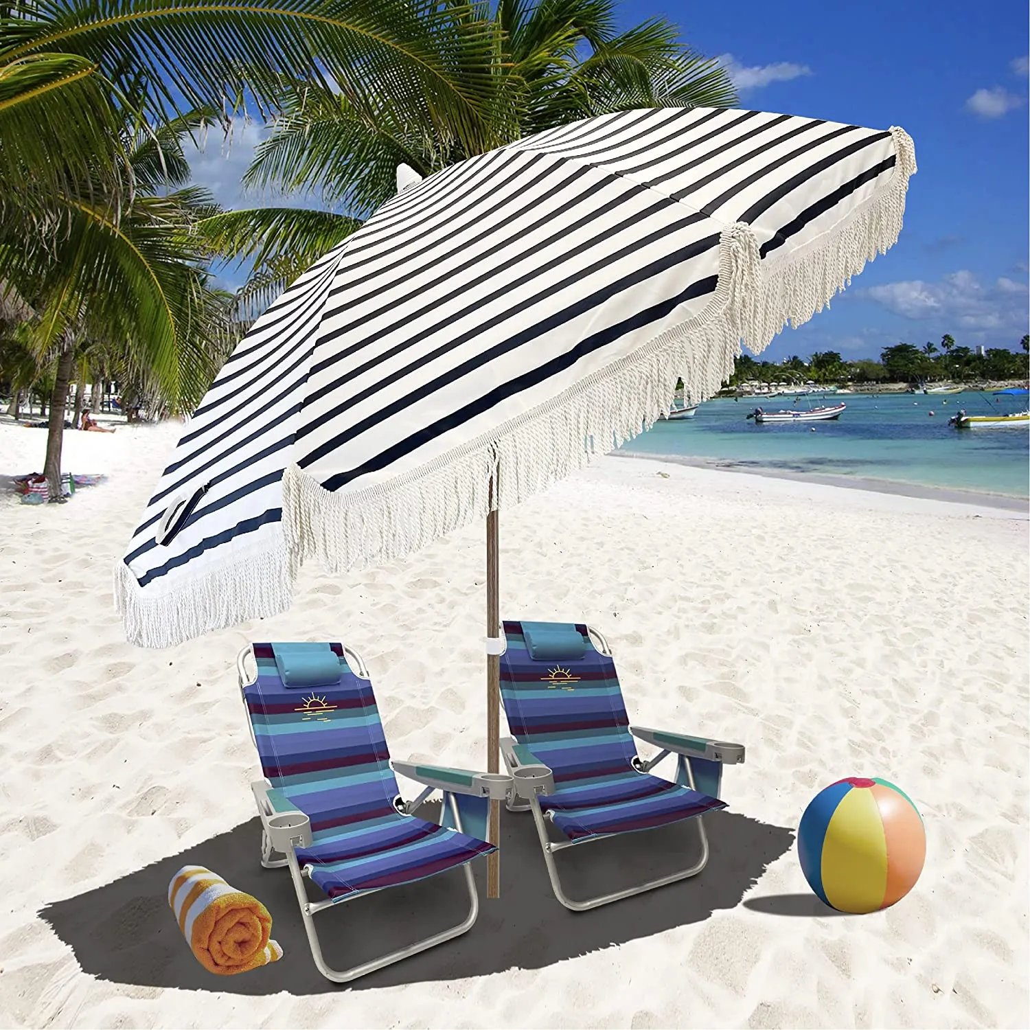 Tassel Beach Umbrella 7 Foot – Designer Umbrella Fringed Tassels – Wood Grain Steel Pole – Tilt Function – Ground Stake - UPF 50  UV Sun Protection - Exotic Tan Color Striped – Carry Bag