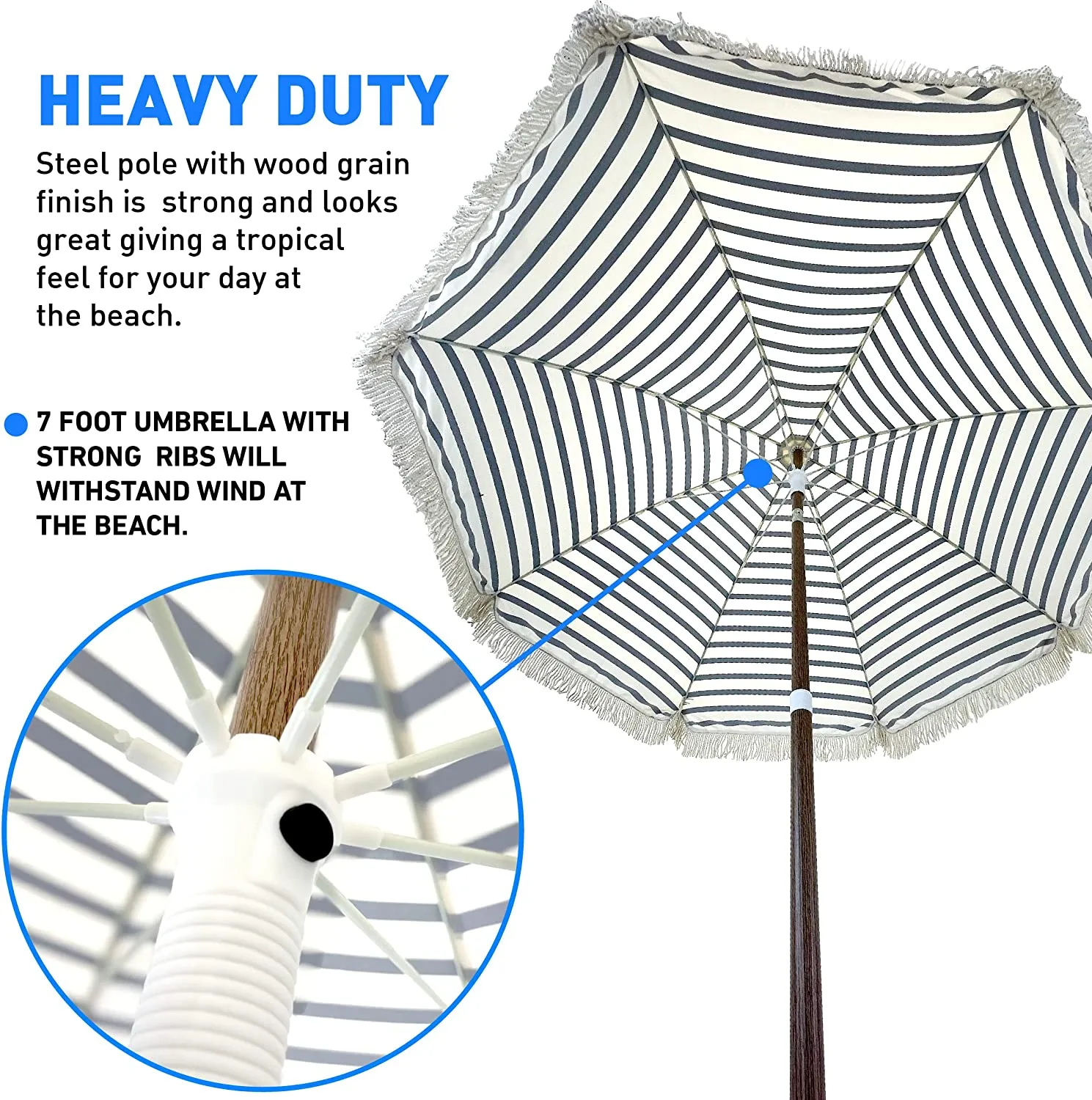 Tassel Beach Umbrella 7 Foot – Designer Umbrella Fringed Tassels – Wood Grain Steel Pole – Tilt Function – Ground Stake - UPF 50  UV Sun Protection - Exotic Tan Color Striped – Carry Bag