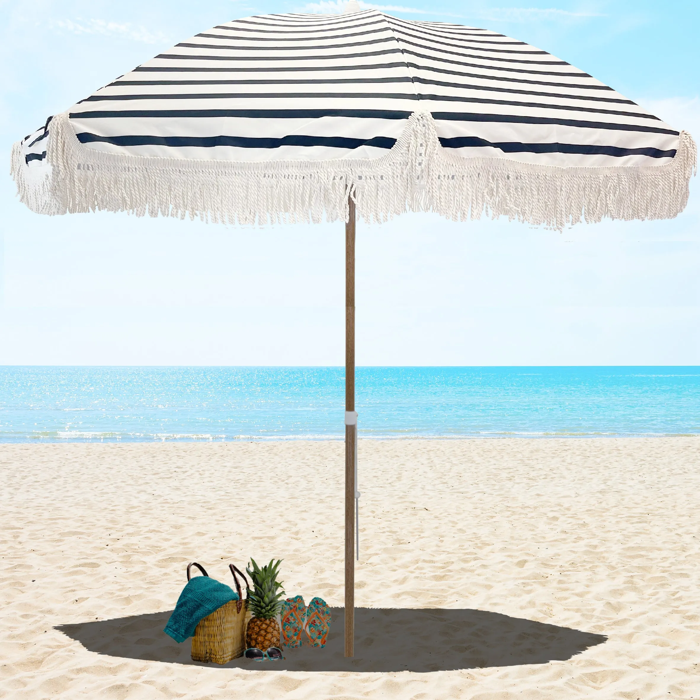 Tassel Beach Umbrella 7 Foot – Designer Umbrella Fringed Tassels – Wood Grain Steel Pole – Tilt Function – Ground Stake - UPF 50  UV Sun Protection - Exotic Tan Color Striped – Carry Bag