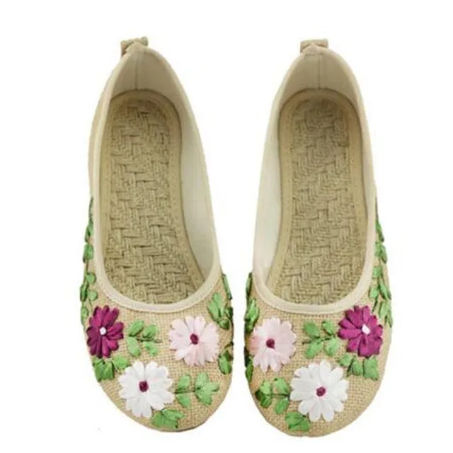 Vintage Embroidered Women Flats Flower Slip On Cotton Fabric Linen Comfortable Old Peking Ballerina Flat Shoes