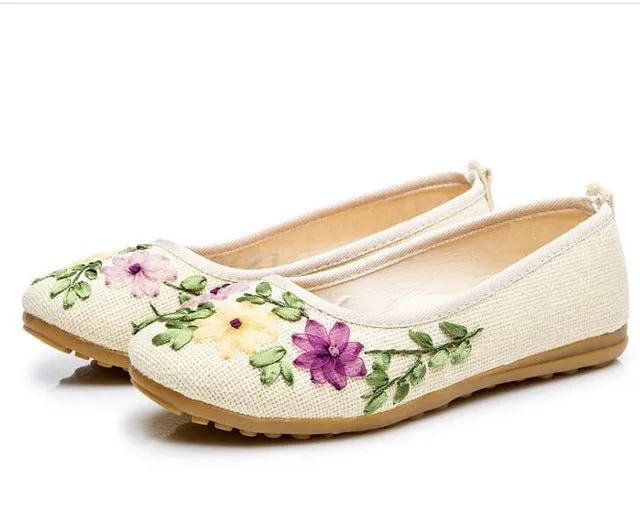 Vintage Embroidered Women Flats Flower Slip On Cotton Fabric Linen Comfortable Old Peking Ballerina Flat Shoes