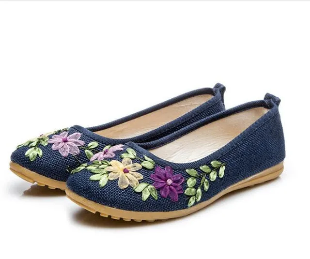 Vintage Embroidered Women Flats Flower Slip On Cotton Fabric Linen Comfortable Old Peking Ballerina Flat Shoes