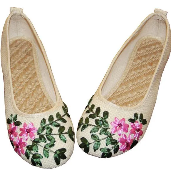 Vintage Embroidered Women Flats Flower Slip On Cotton Fabric Linen Comfortable Old Peking Ballerina Flat Shoes