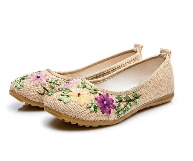 Vintage Embroidered Women Flats Flower Slip On Cotton Fabric Linen Comfortable Old Peking Ballerina Flat Shoes