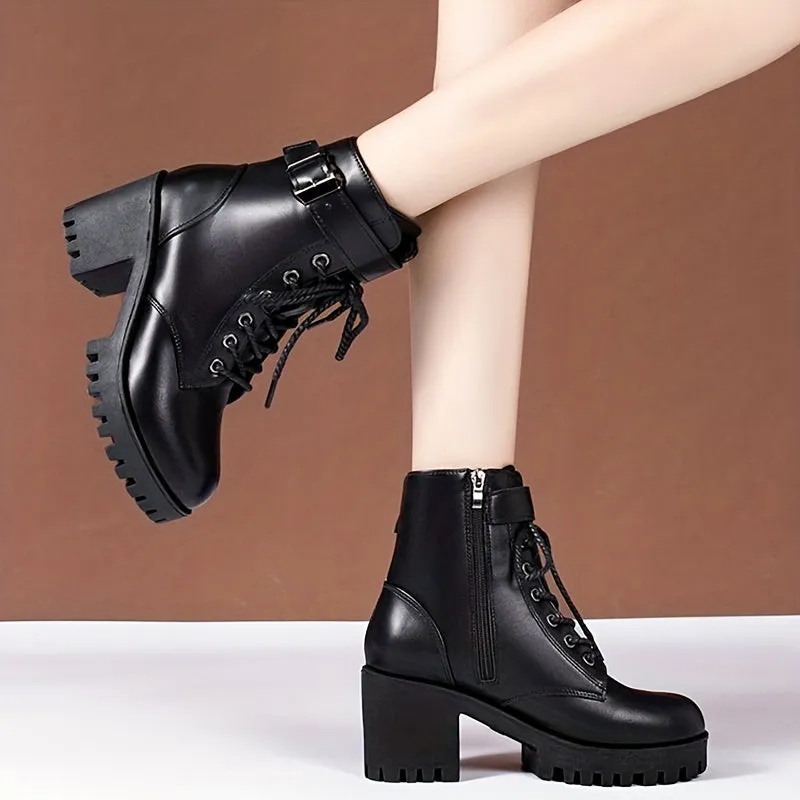 Women's Solid Color Chunky Heel Boots, Fashion Lace Up Side Zipper Boots, Stylish Buckle Strap Detailed Ankle Boots