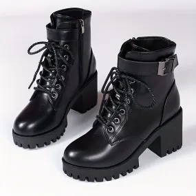 Women's Solid Color Chunky Heel Boots, Fashion Lace Up Side Zipper Boots, Stylish Buckle Strap Detailed Ankle Boots