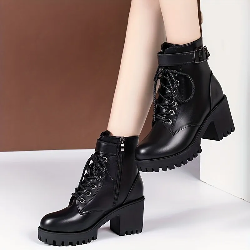 Women's Solid Color Chunky Heel Boots, Fashion Lace Up Side Zipper Boots, Stylish Buckle Strap Detailed Ankle Boots