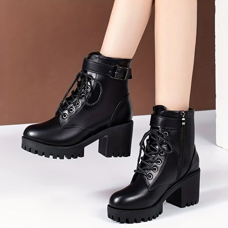 Women's Solid Color Chunky Heel Boots, Fashion Lace Up Side Zipper Boots, Stylish Buckle Strap Detailed Ankle Boots