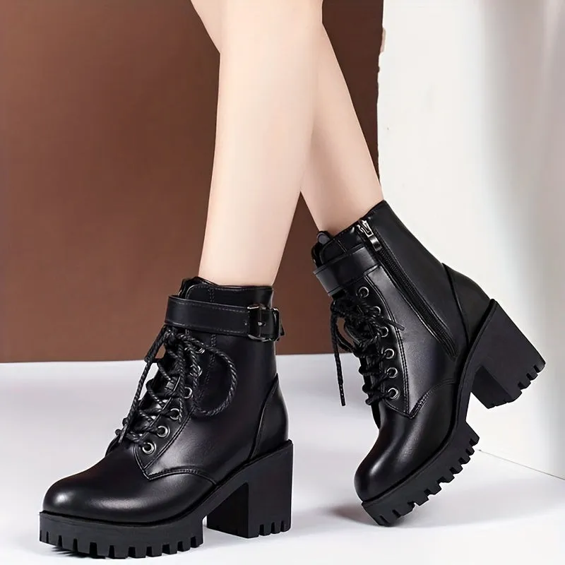 Women's Solid Color Chunky Heel Boots, Fashion Lace Up Side Zipper Boots, Stylish Buckle Strap Detailed Ankle Boots